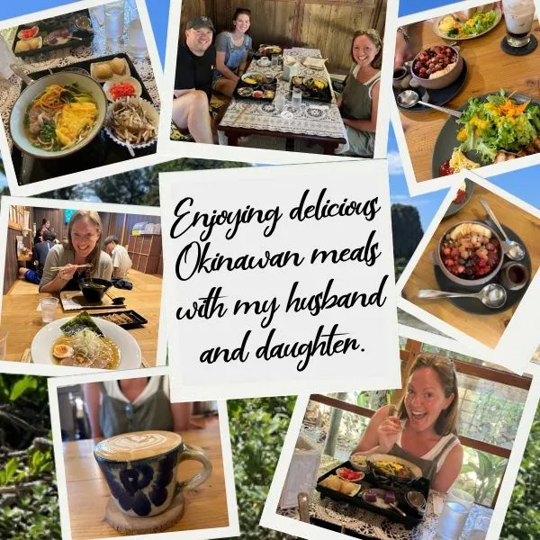 a collage of miranda reinhardt enjoying meals in okinawan