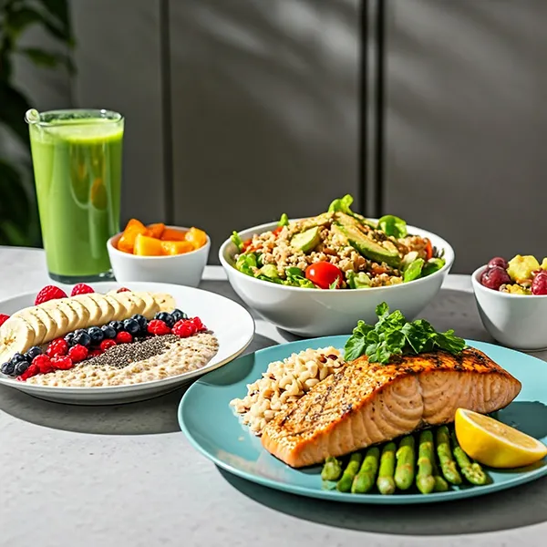 a table with a healthy breakfast, lunch, dinner, snacks, and smoothie on display