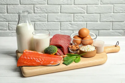 foods high in protein on a cutting board
