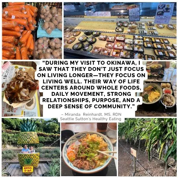 a quote by miranda reinhardt surrounded by a collage of food in okinawa