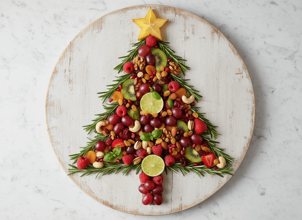 christmas tree charcuterie board made with fresh fruit and nuts