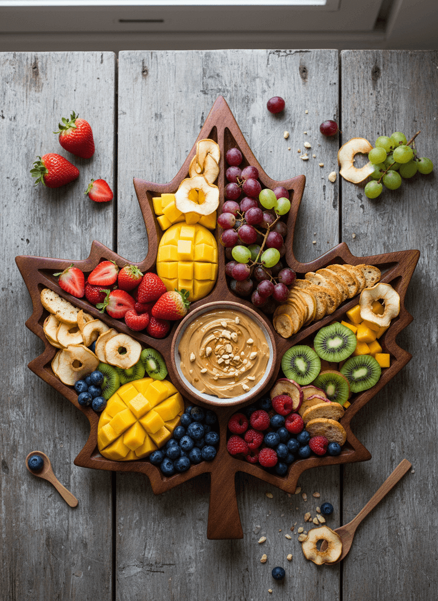 maple leaf shaped charcuterie board covered in fruit and nuts