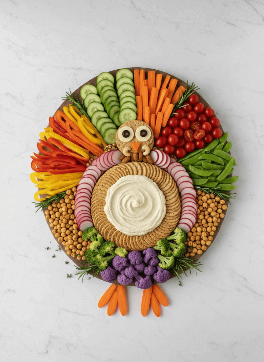 turkey shaped thanksgiving charcuterie board with vegetables and hummus